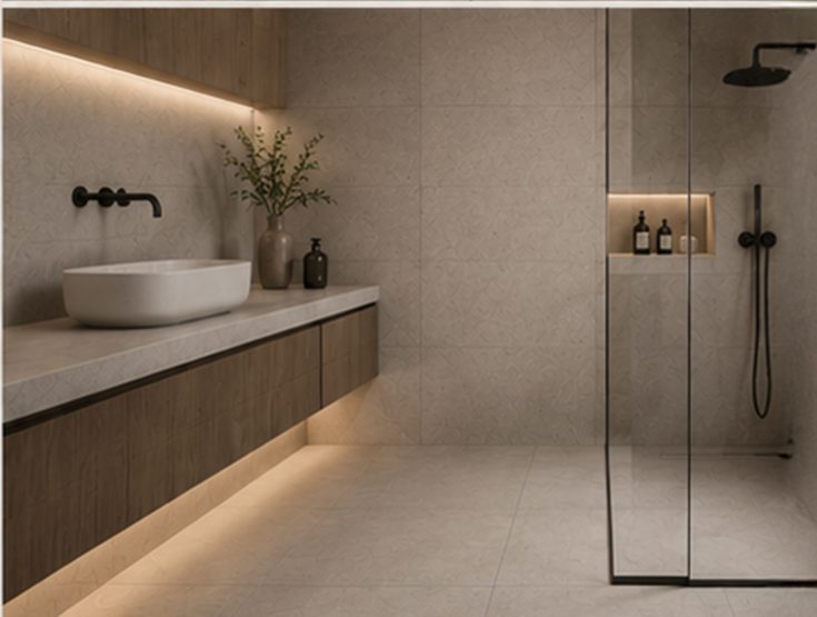 A bathroom with board behind the sanitary ware